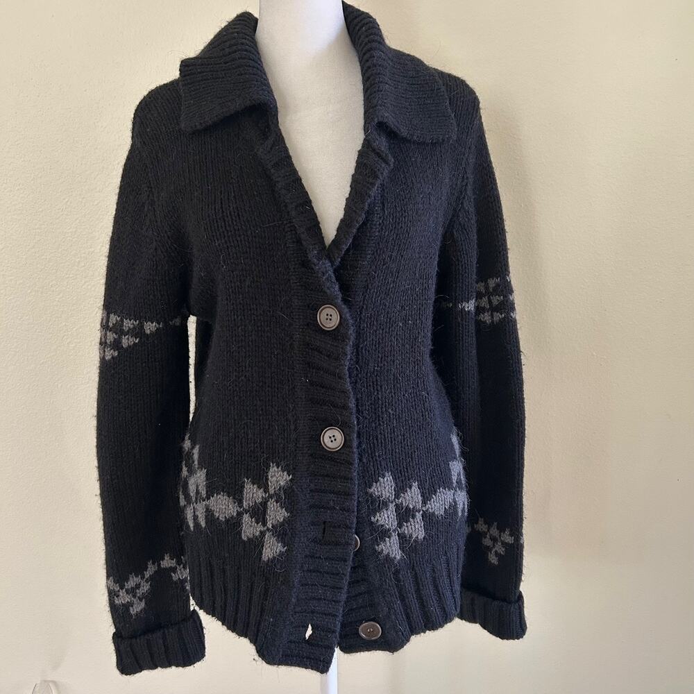 291 Venice Cardigan Sweater Wool Alpaca Button Down Black SZ3L Elbow Patch Cozy